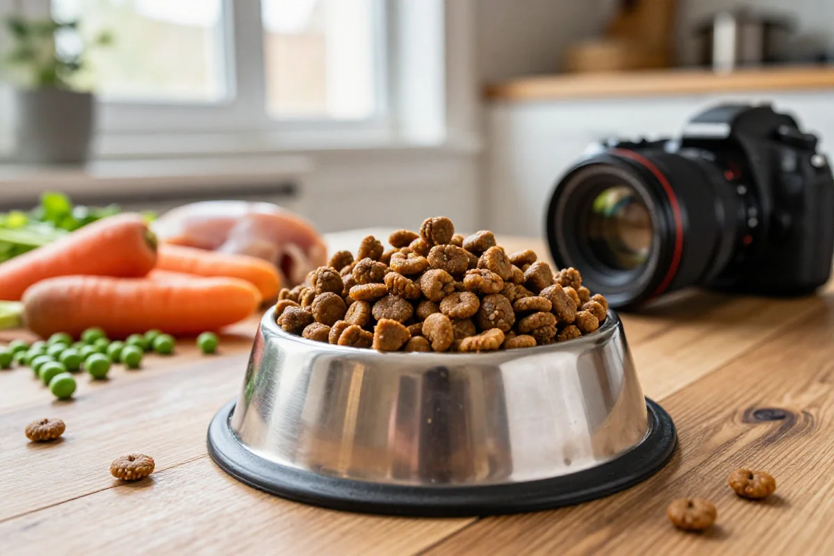 Hundeskål med kvalitets tørrfôr og friske ingredienser, sunt hundefôr