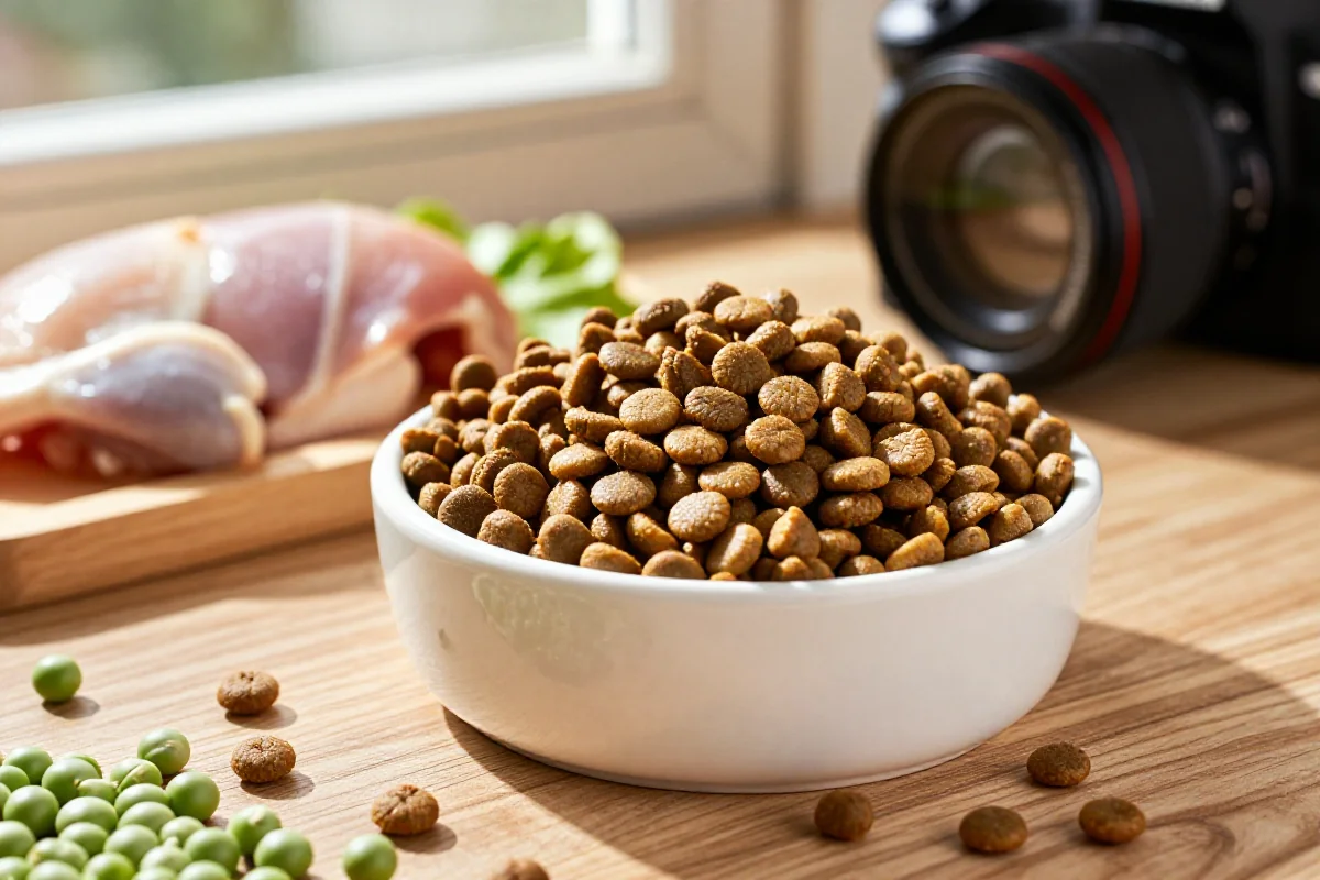 Hundemat med hydrolysert protein i en bolle, omringet av friske ingredienser.