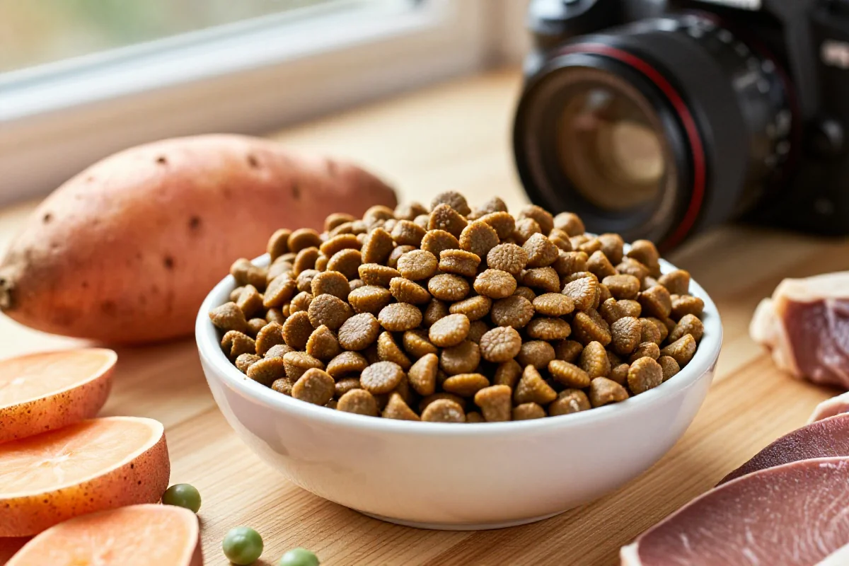 Bolle med hypoallergen hundefôr og friske ingredienser på en treoverflate.