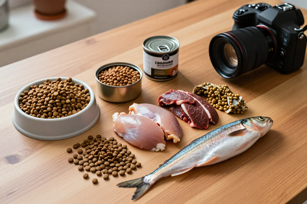 Ulike hundemat ingredienser og allergener på et trebord.