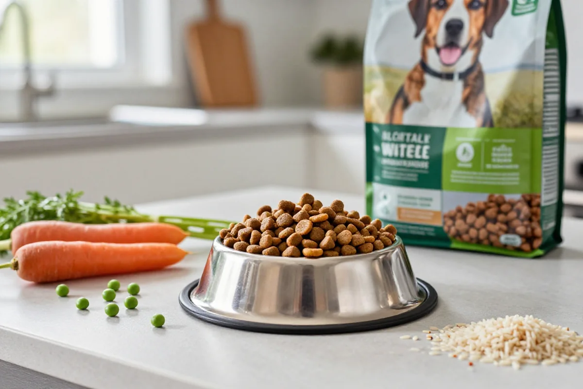 Hundeernæring med tørrfôr og ferske ingredienser i et lyst kjøkken.