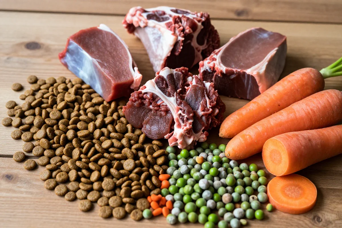 Høy kvalitet hundemat ingredienser som kjøtt og grønnsaker på treflate.
