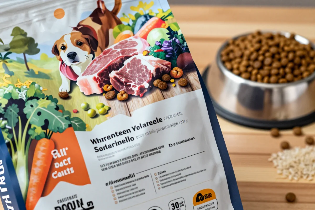 Næringsrik hundemat med ingrediensliste og friske ingredienser på bordet.