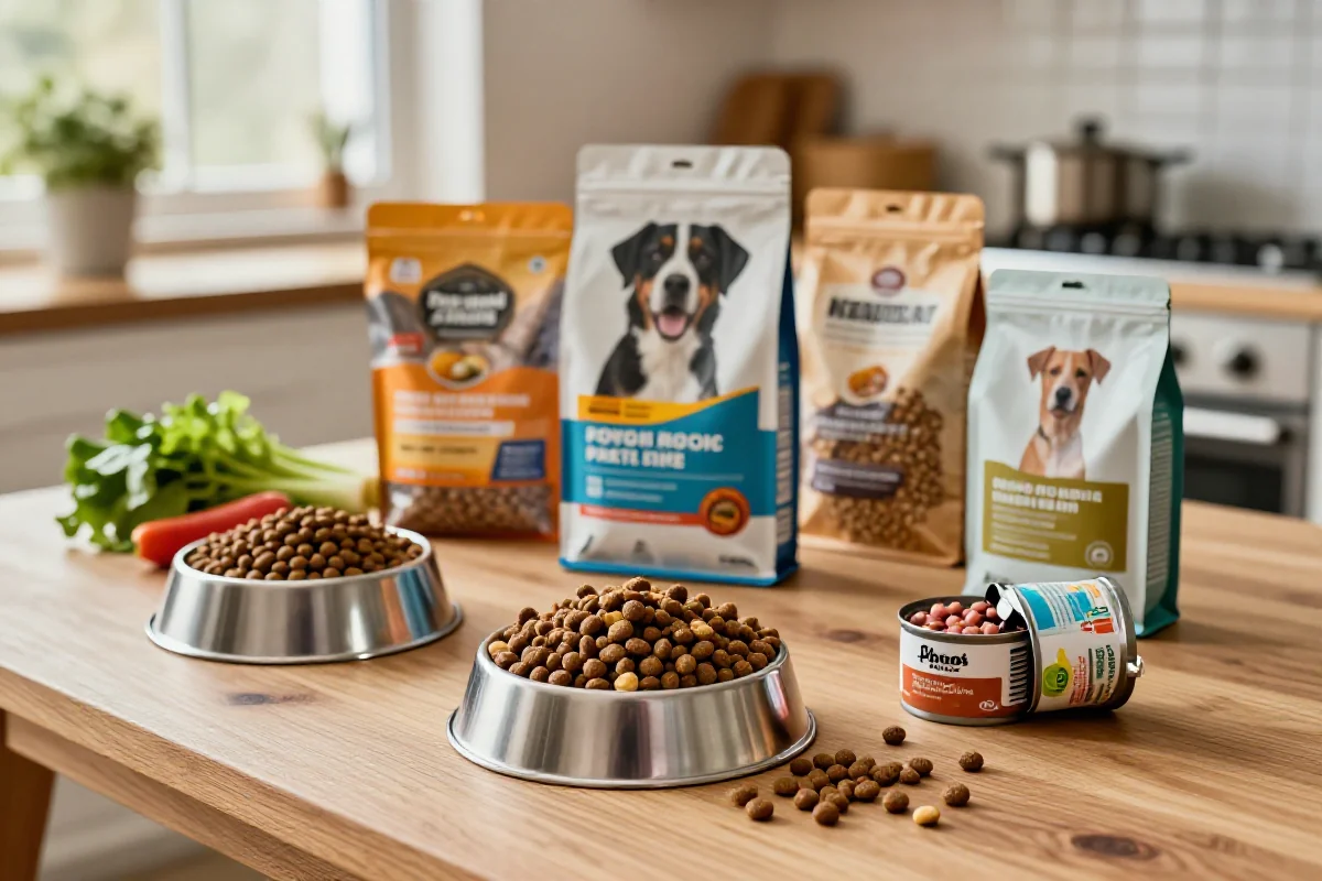 Forskellige hundematprodukter og ingredienser på kjøkkenbordet.