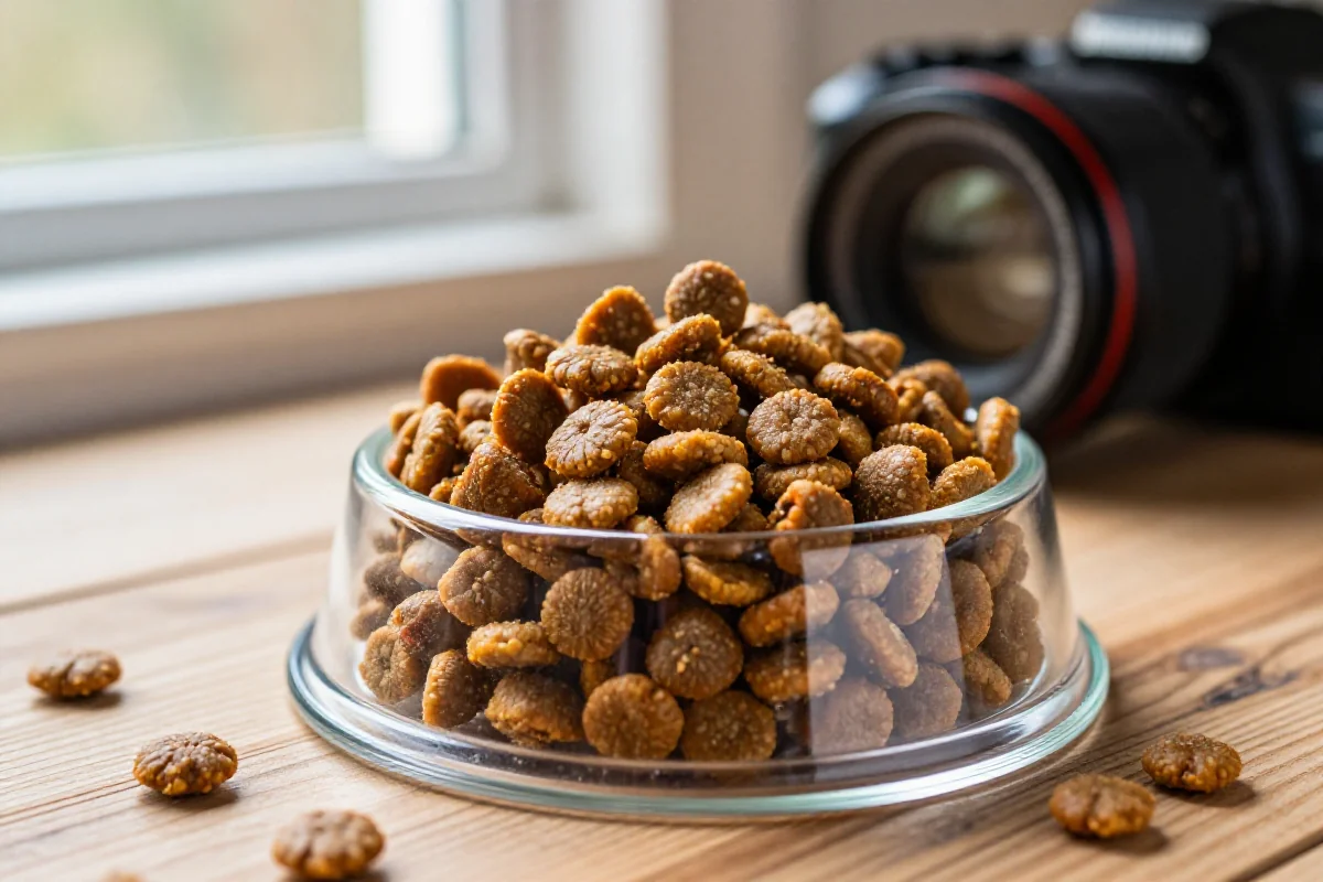 Tørr hundemat kibble i en klar skål, med naturlig lys og treoverflate.