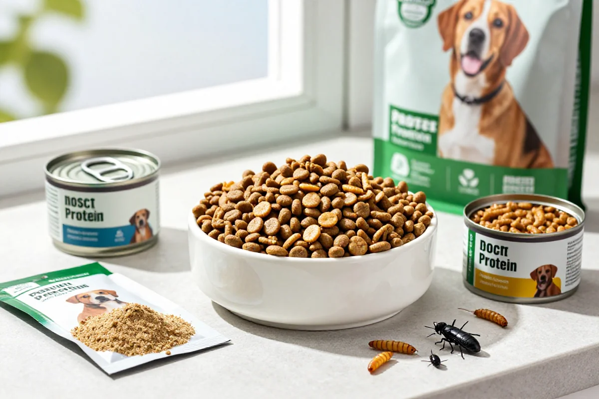 Hundefôr med insektprotein i skål og emballasje, allergivennlig hundemat