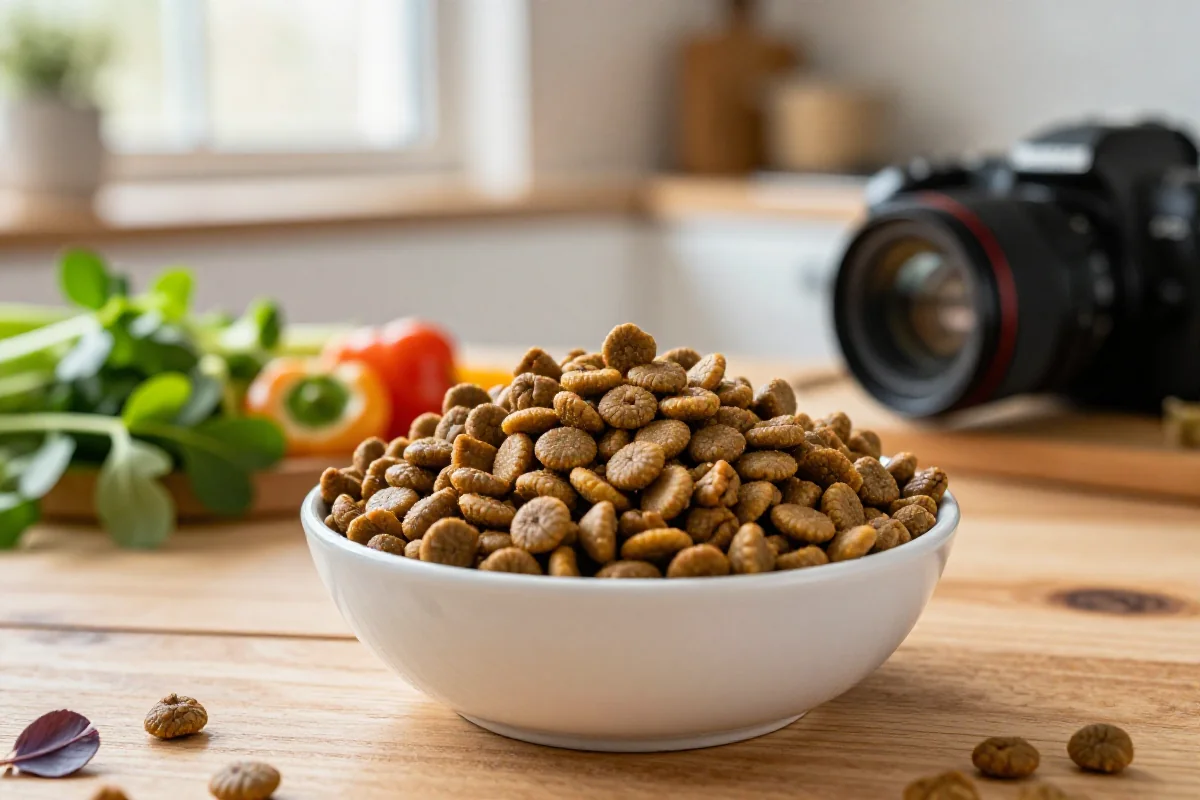Bolle med hundemat laget av insektprotein og friske ingredienser.