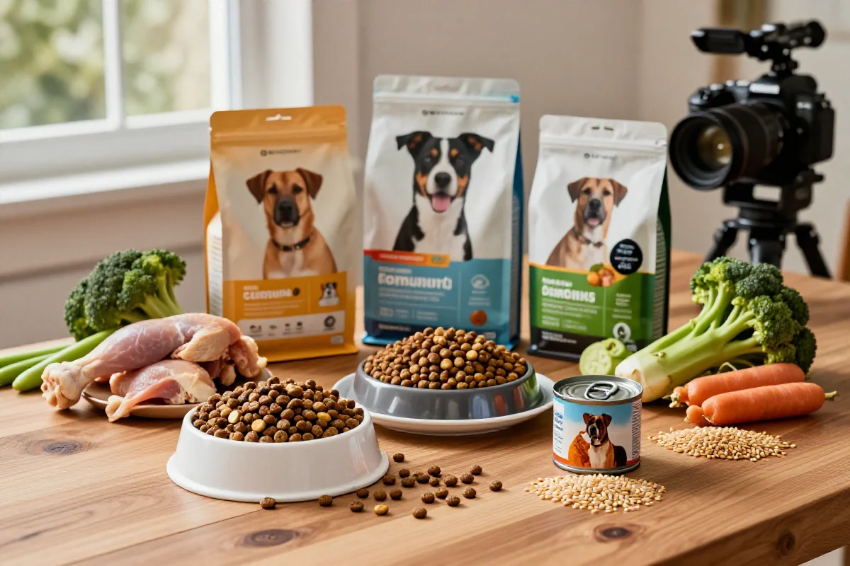 Variert hundemat og ingredienser på et trebord, fokus på hundematproduksjon.