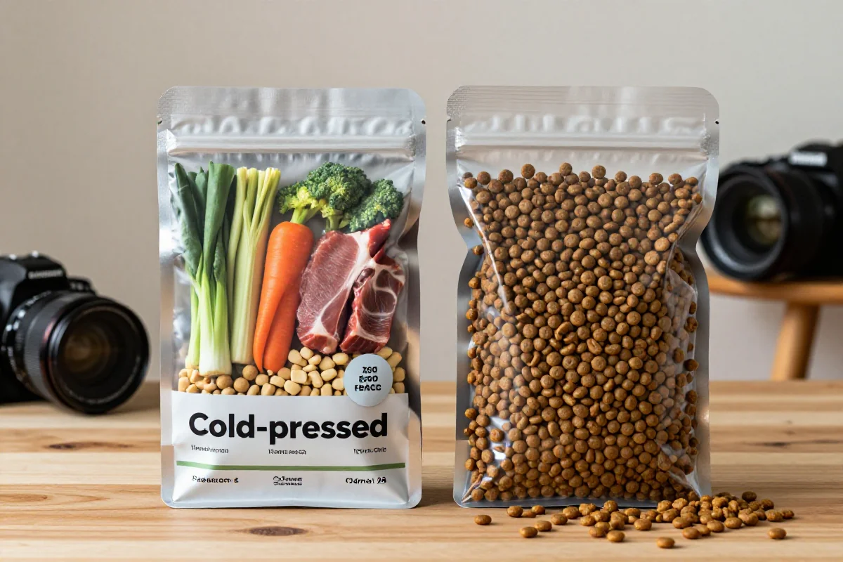 Kaldpresset og varmeprosessert hundemat på et bord, fokus på ingredienser og tekstur.