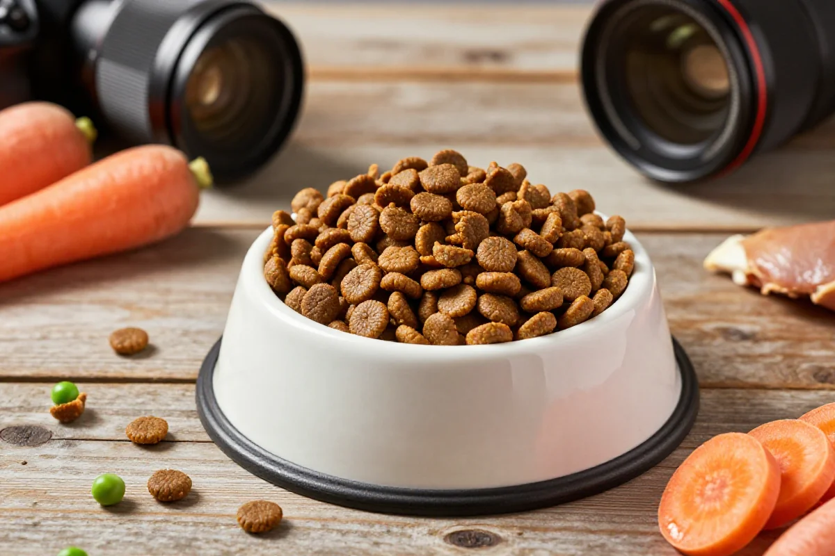 Tørr hundemat kibble i en moderne matskål med friske ingredienser.