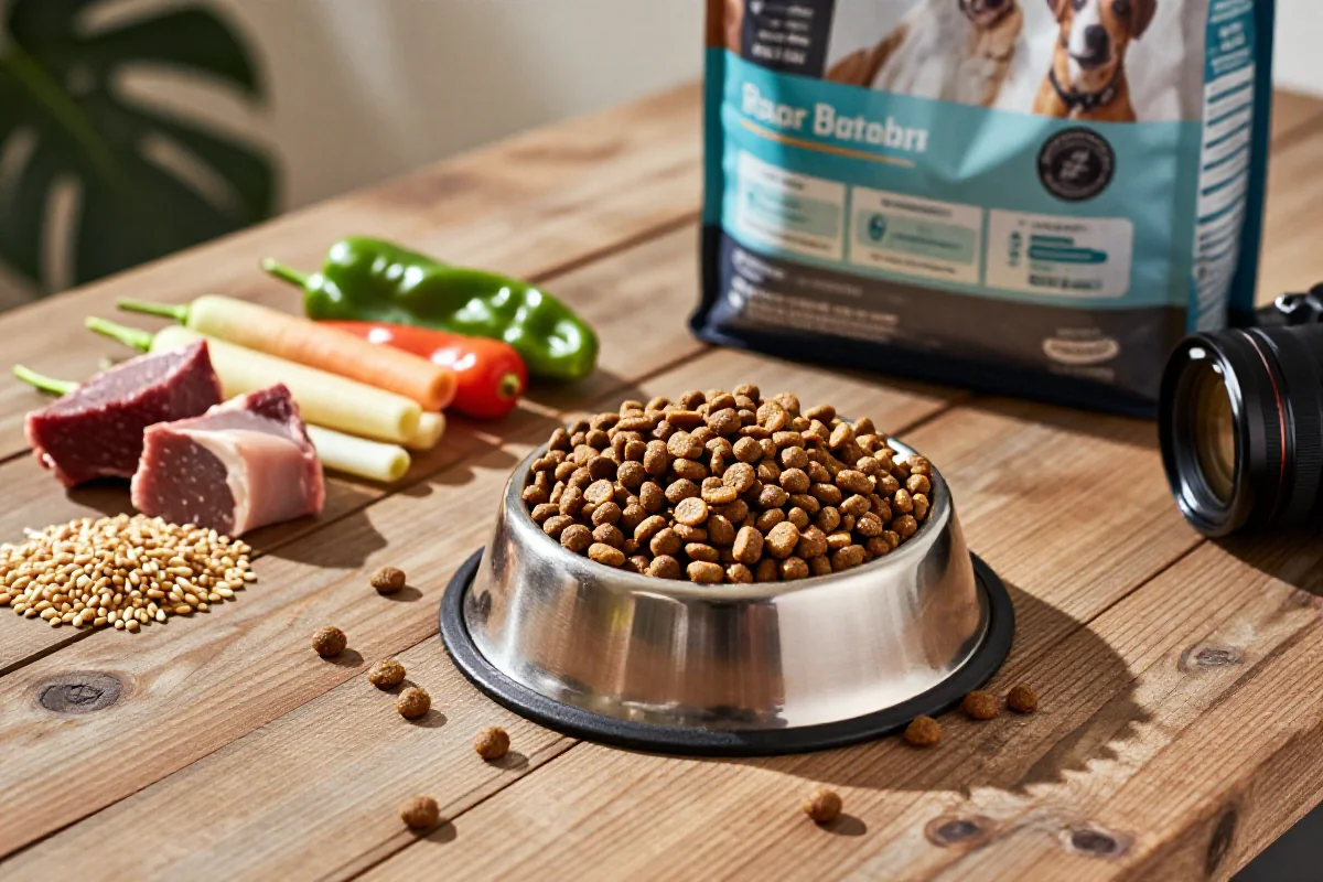 Hundemat med kibble, ferske ingredienser og en hundeskål på et trebord.