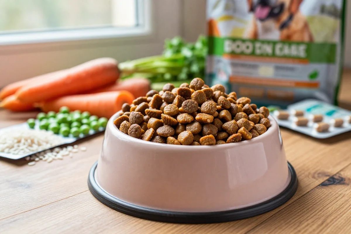 Hundematbolle med tørrfôr og friske ingredienser for en kastrert hund.