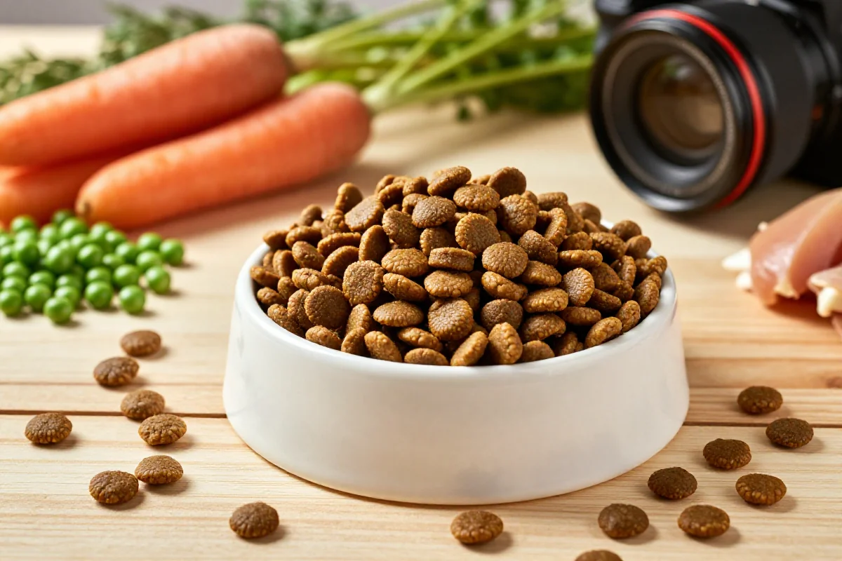Bolle med tørrfôr til kastrerte hunder, omringet av friske ingredienser.