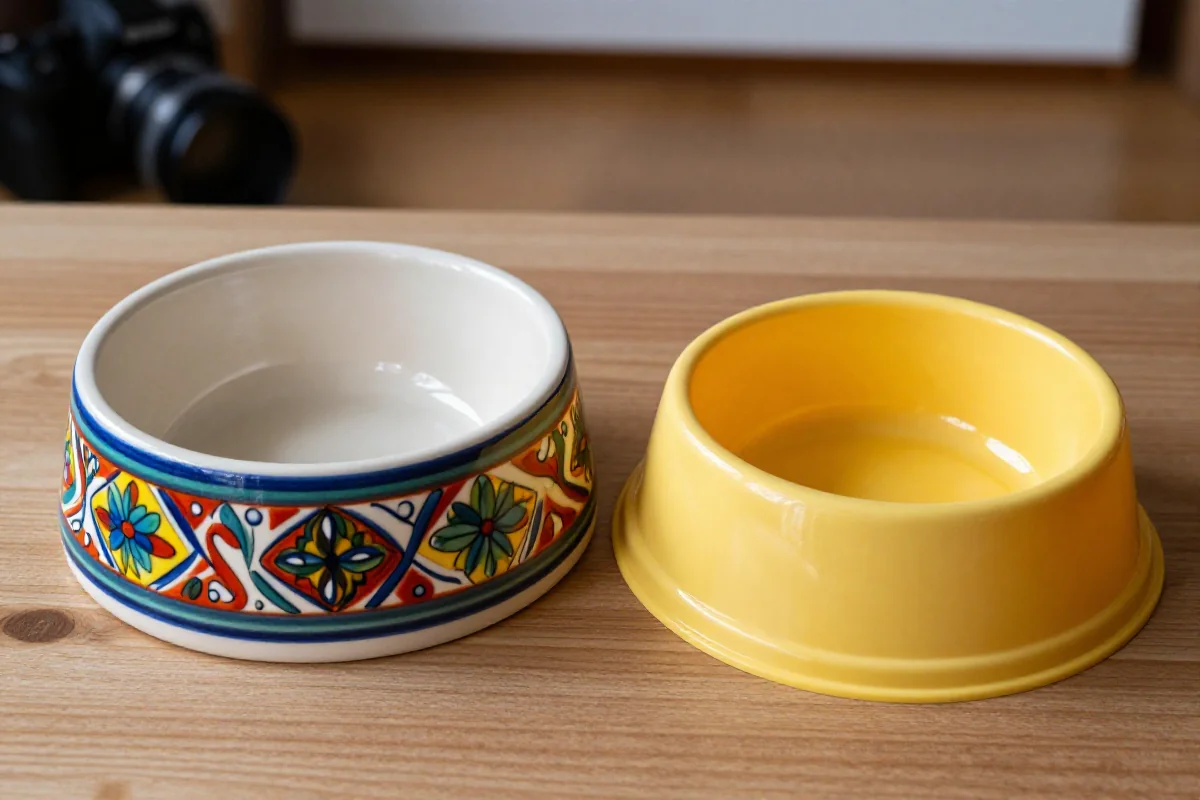 Keramikk og plast hundeskåler sammenlignet på en treoverflate