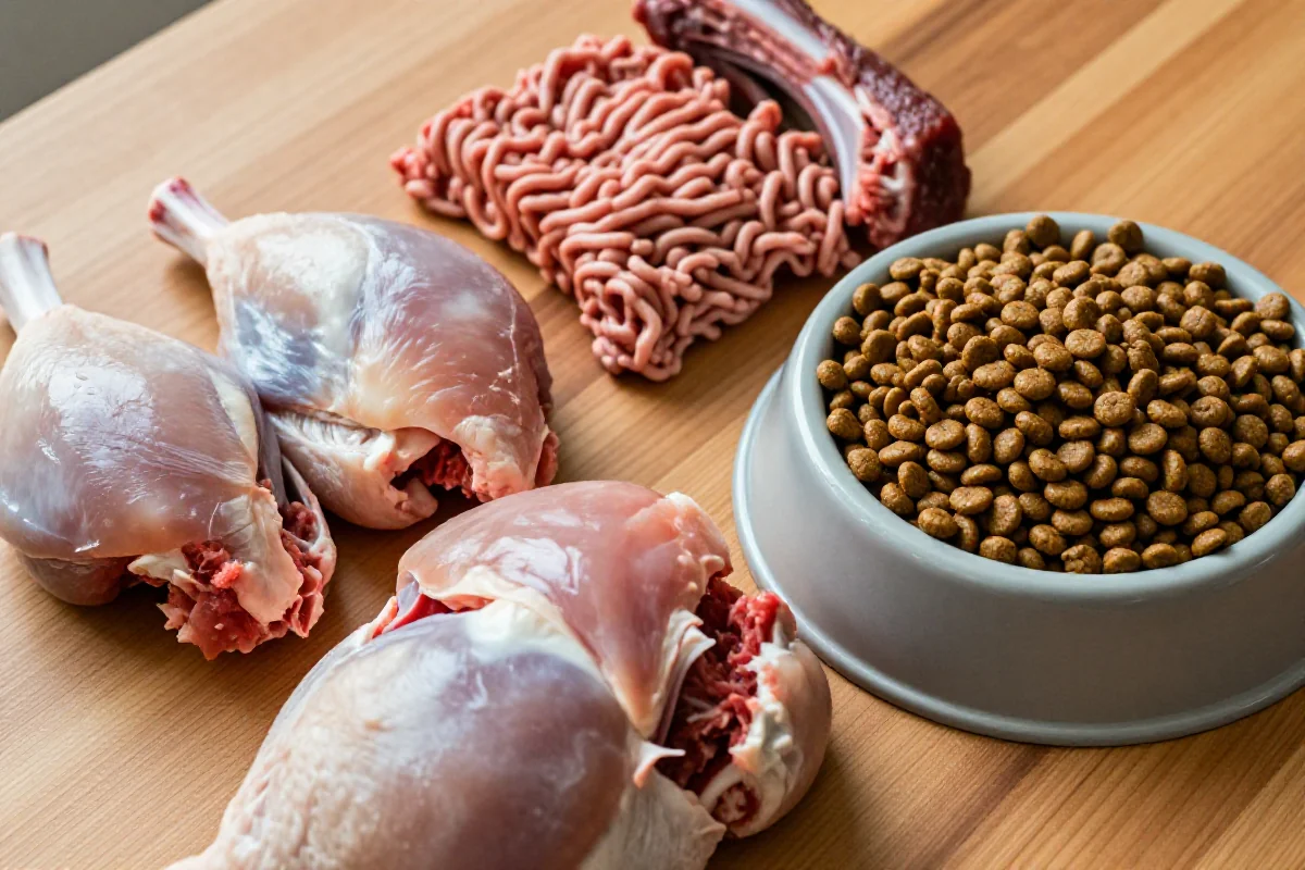 Hundefôr ingredienser som kylling, storfe og lam på trebord.