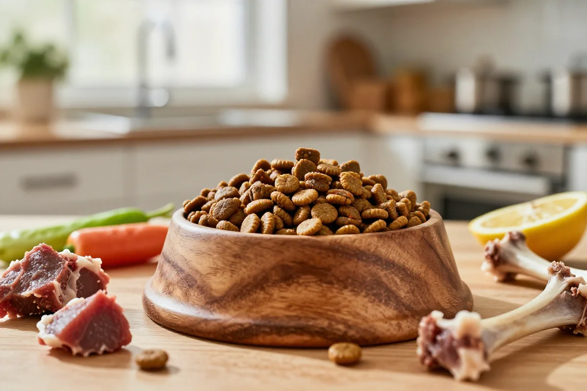 Tørrfôr med kjøttmel og naturlige ingredienser i en hundeskål