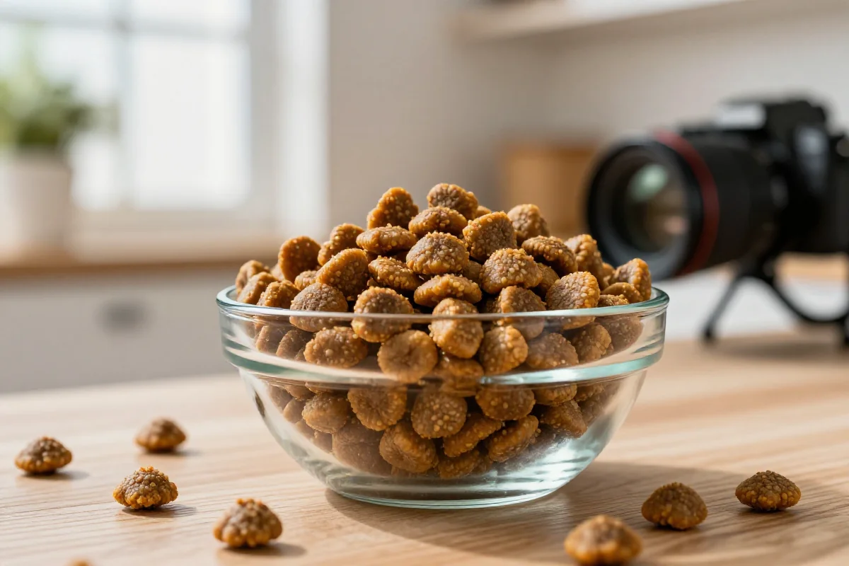 Tørrfôr kibble i en glassbolle med naturlig belysning