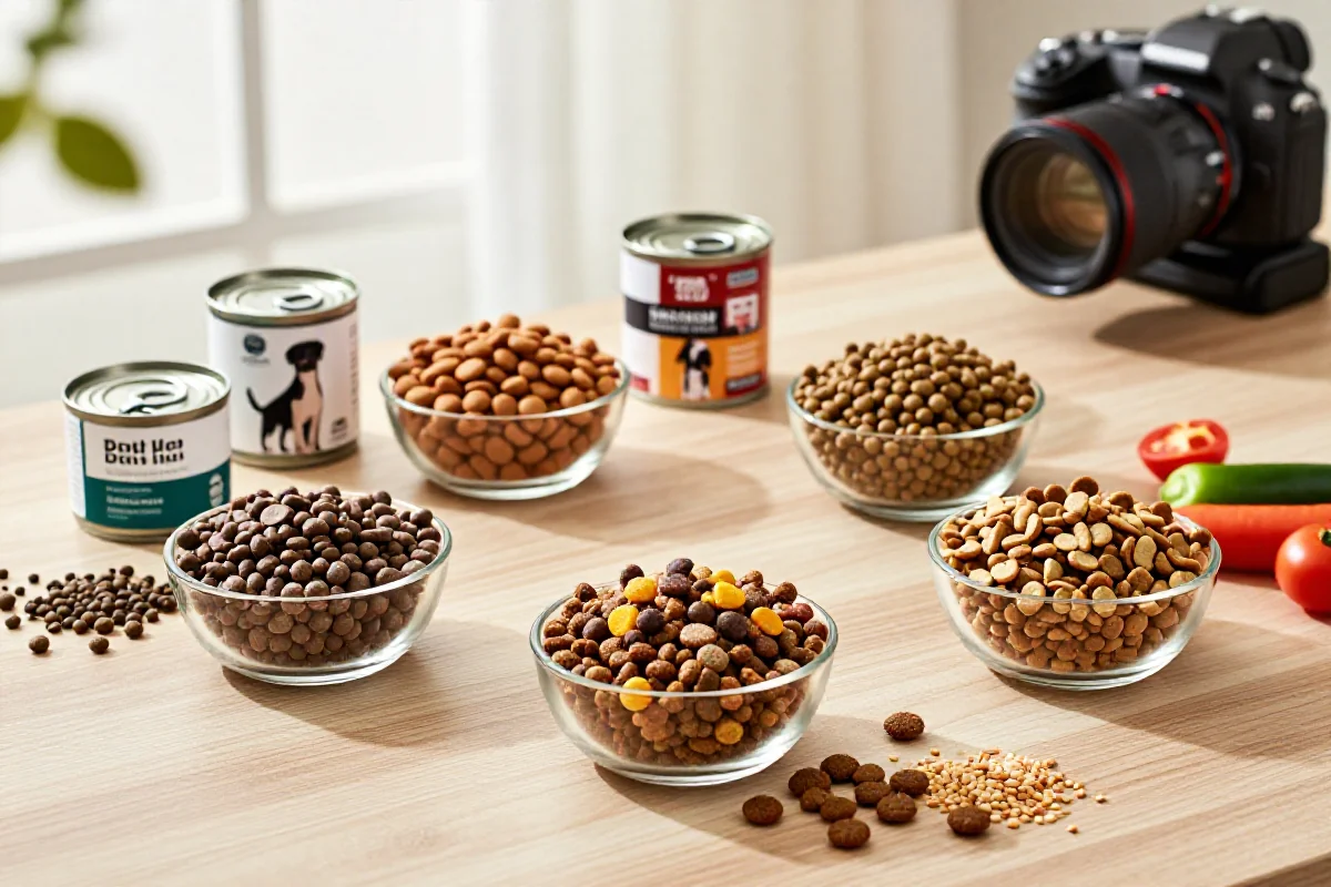Variert hundemat inkludert tørrfôr, våtfôr og naturlige ingredienser.