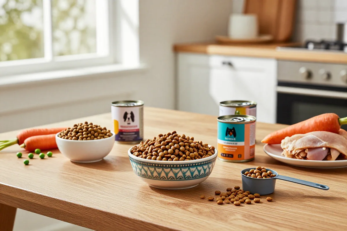 Variert hundemat med tørrfôr, våtfôr og friske ingredienser på kjøkkenbordet.
