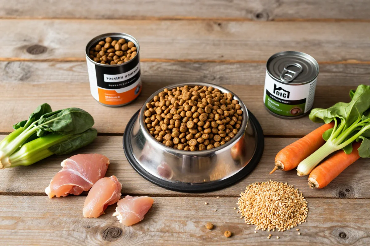 Variert hundemat og ingredienser for voksne hunder på tre bord.