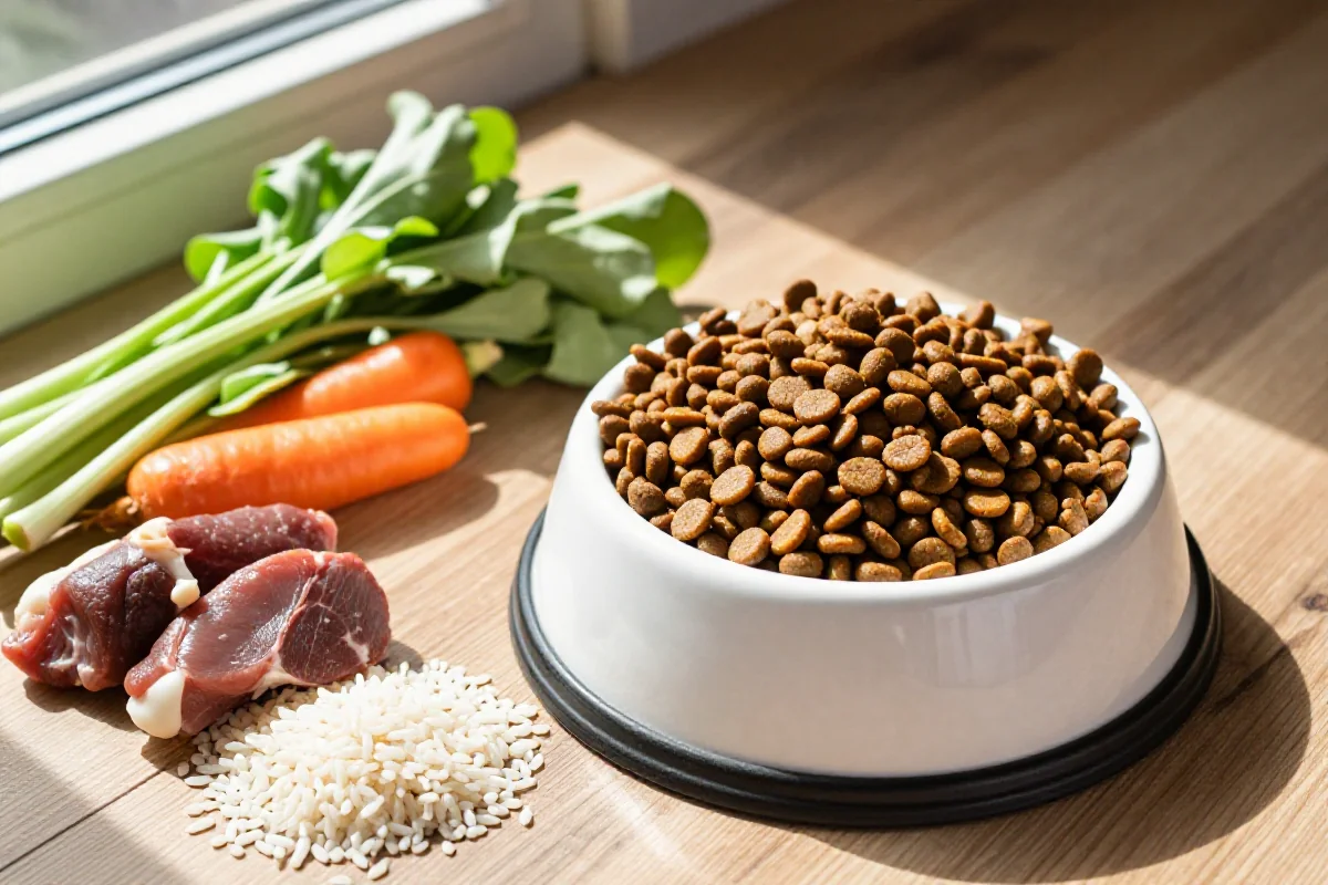 Hundemat for kjemperaser med kibbler og friske ingredienser.