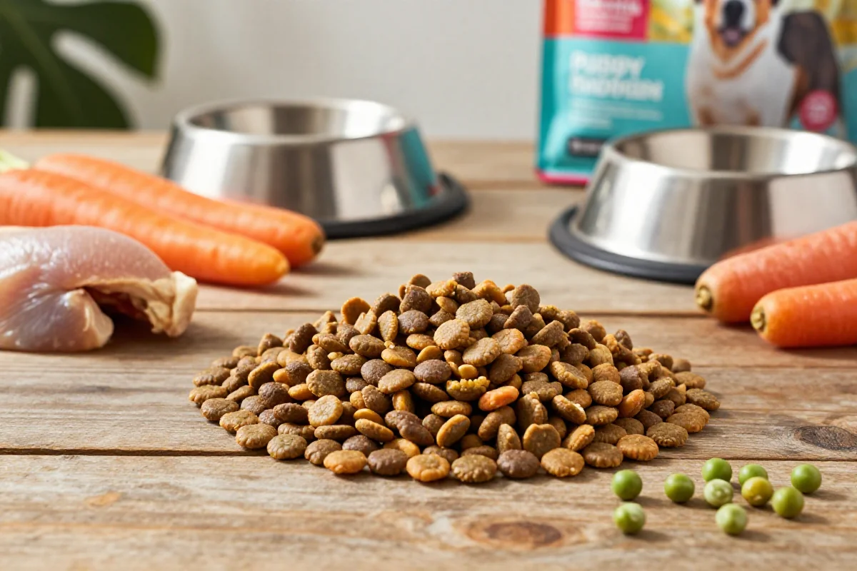 Valpefôr av høy kvalitet med naturlige ingredienser og hundeskåler.