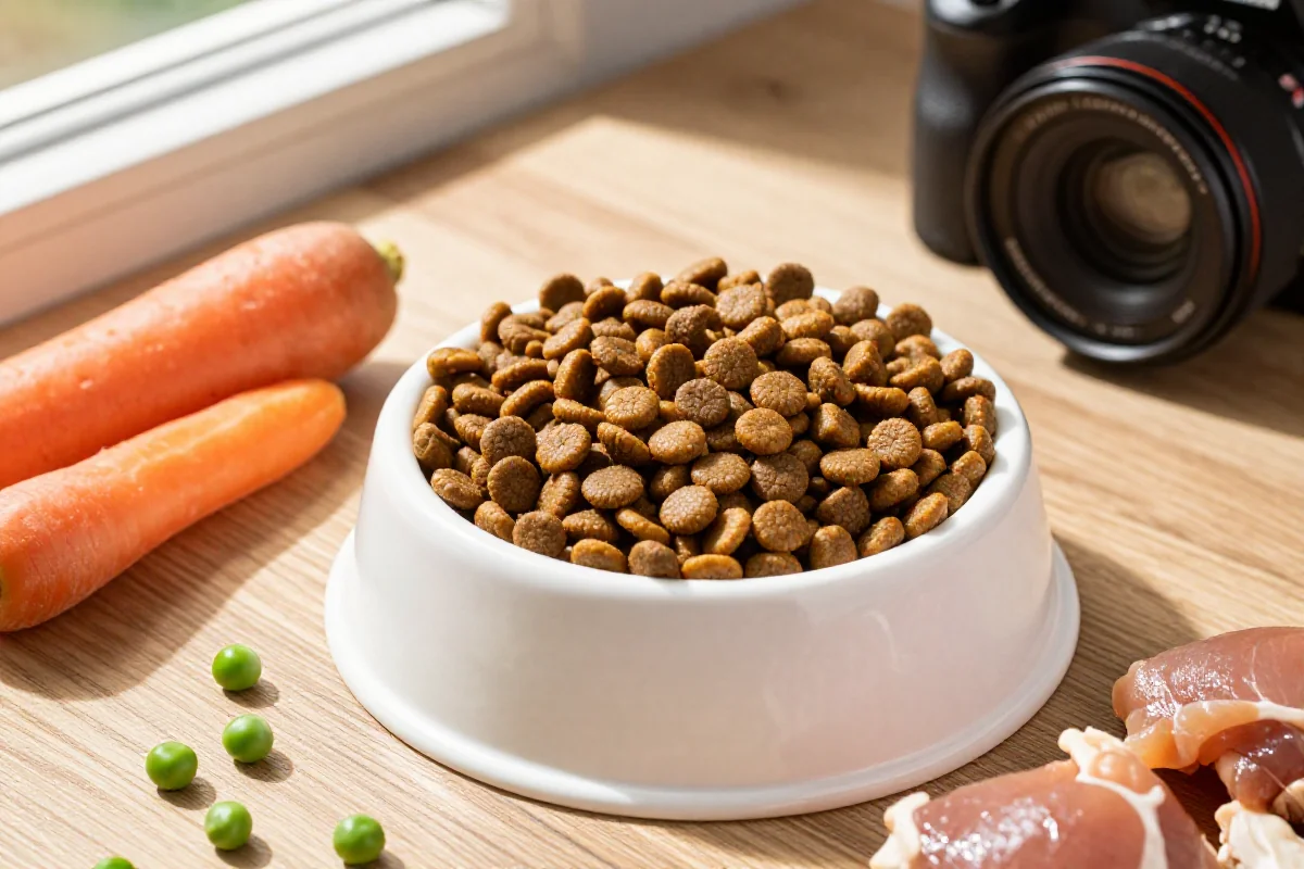 Skål med tørrfôr og ferske ingredienser for hunder, fokusert på vektkontroll.