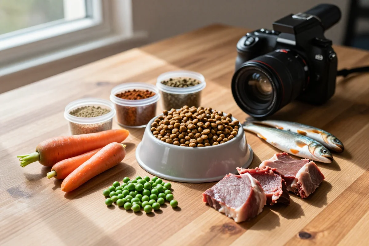 Variasjon av hundemat ingredienser, inkludert kibble, grønnsaker og kjøtt.
