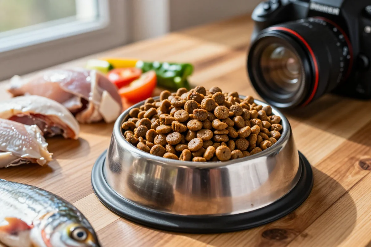 Hundemat i skål med ferske ingredienser, essensielle næringsstoffer for hunder.