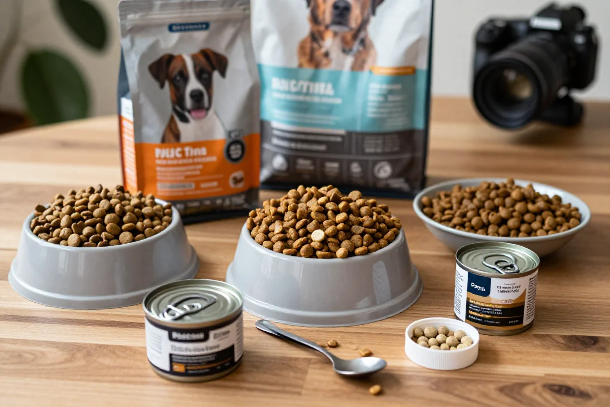 Varierte hundematprodukter med komplett protein på et trebord.