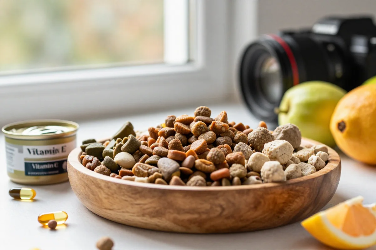 Naturlige konserveringsmidler i hundemat med kibble og frukt