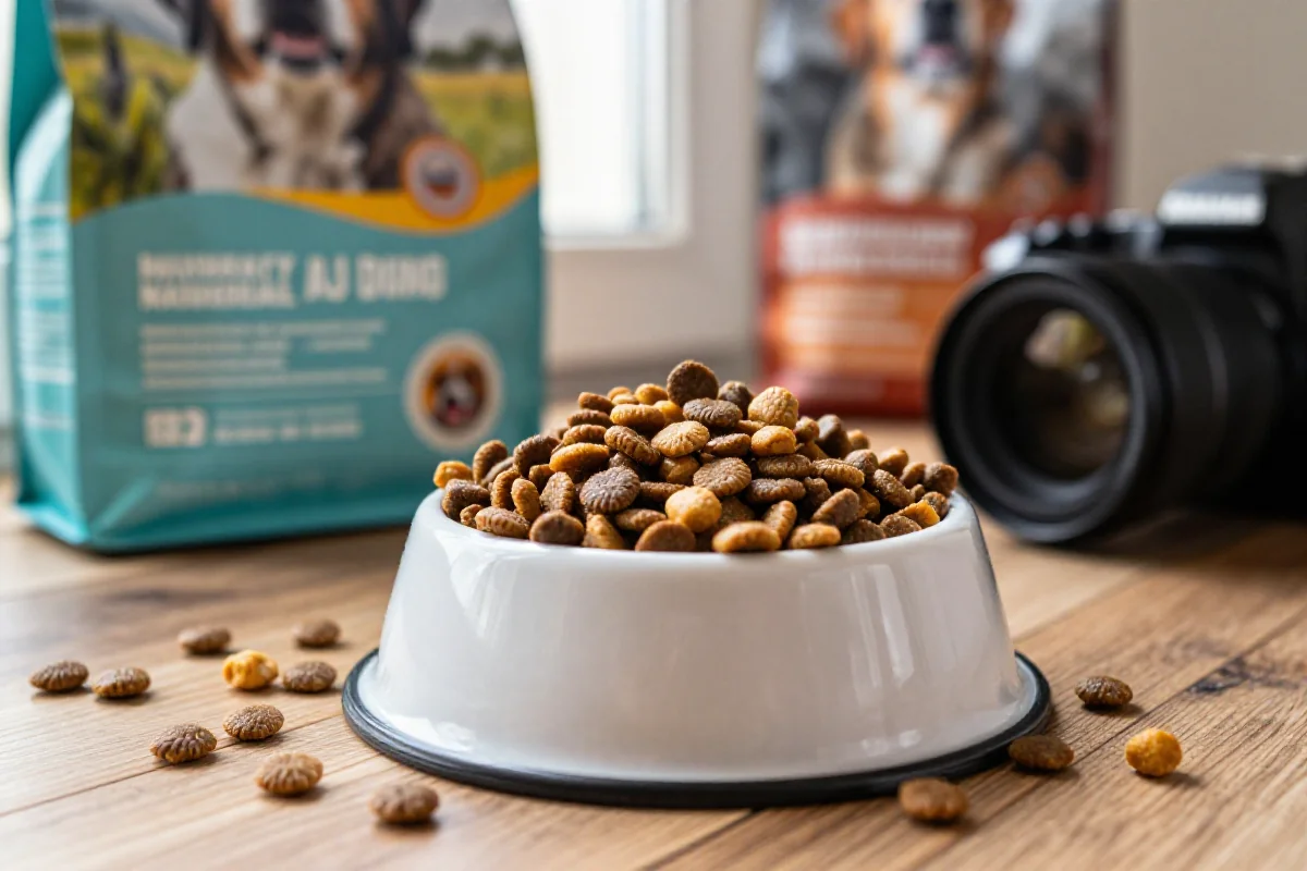 Hundemat kibble i en hundeskål med naturlige ingredienser og et varmt lys.
