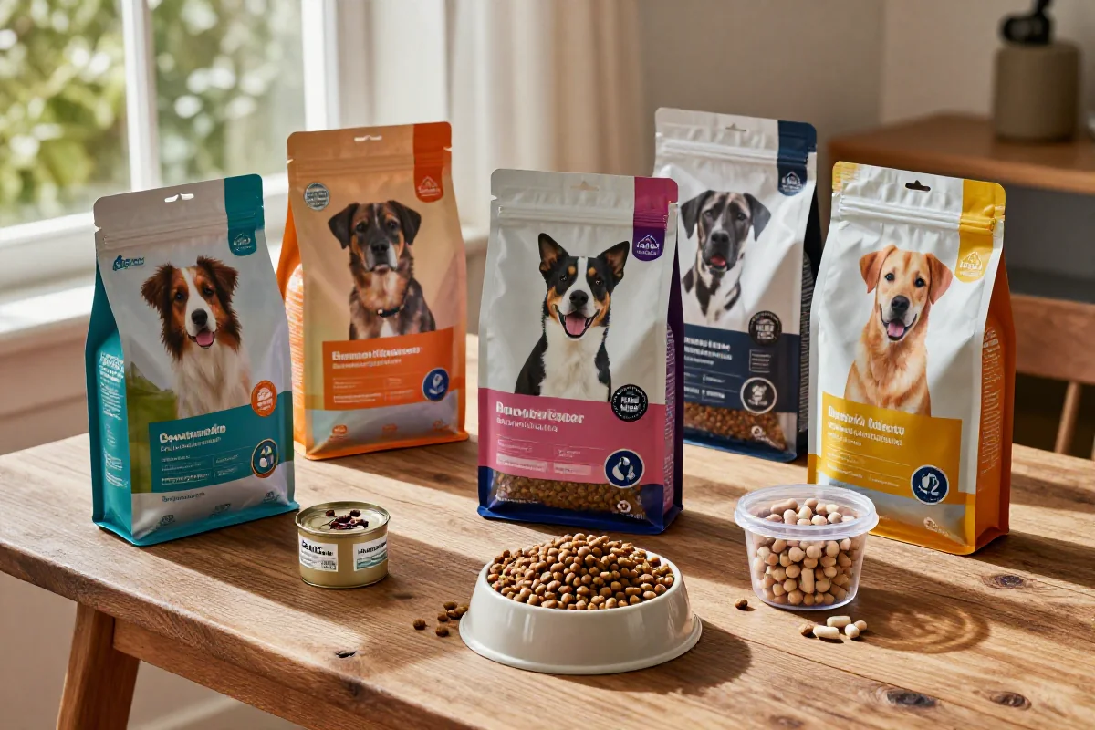 Variert hundemat med kibble, våtfôr og kosttilskudd på et trebord.