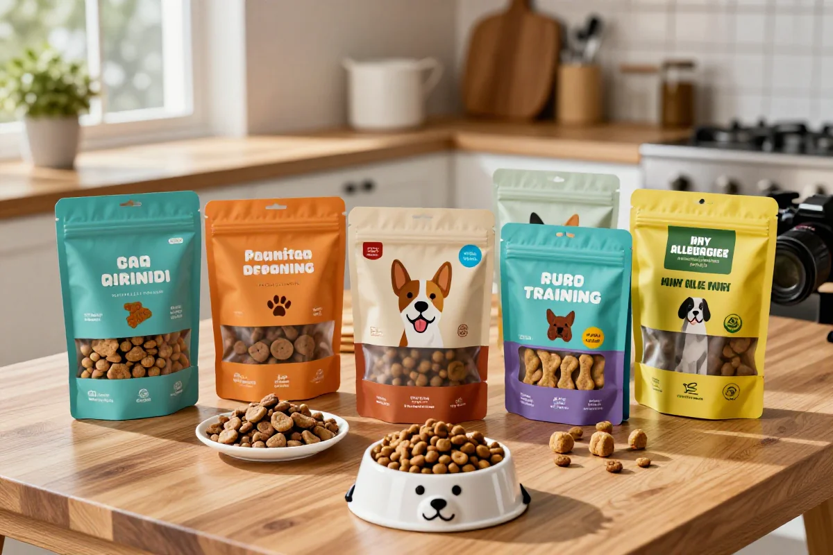 Variasjon av hundegodbiter og kibble på et kjøkkenbord for hundens ernæring