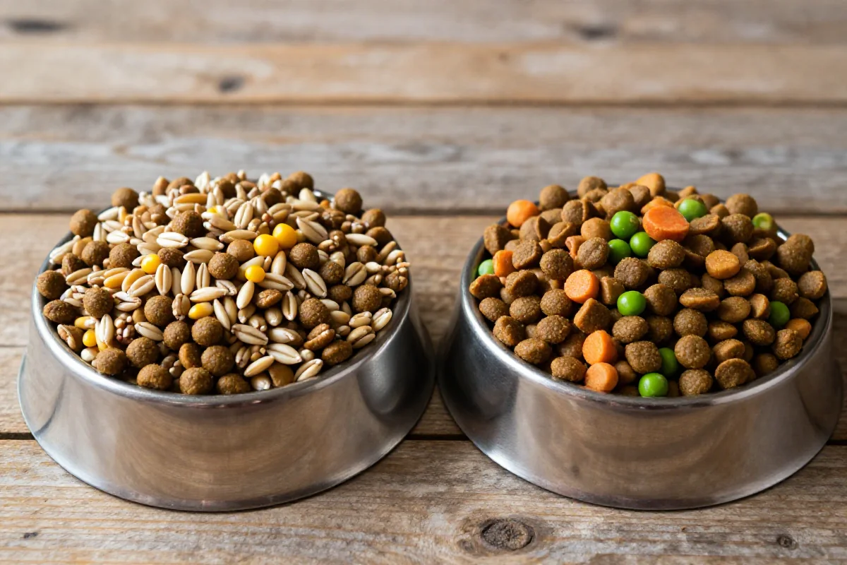 To typer hundemat: kornbasert og kornfri kibble på treoverflate.