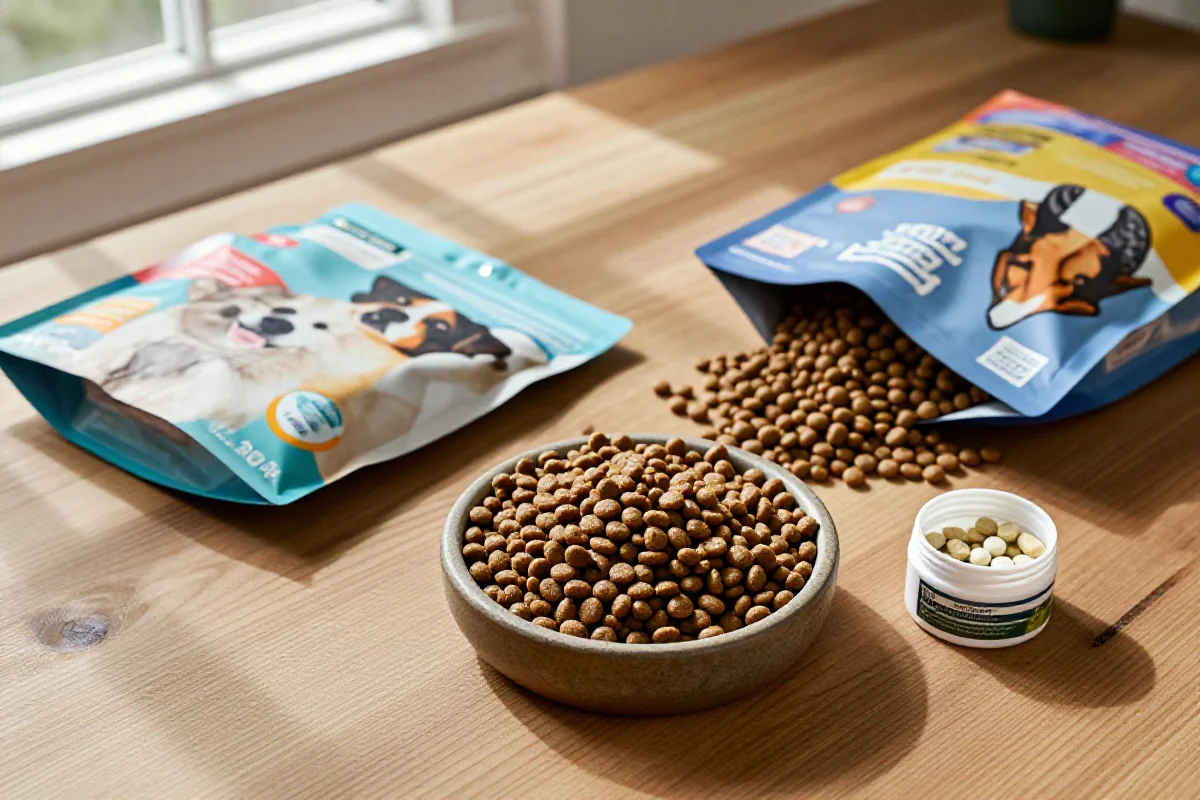 Variasjon av hundematprodukter på et bord med naturlig lys.
