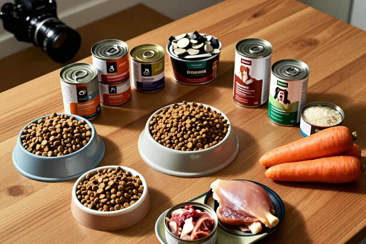 Variert utvalg av hundemat og ingredienser på et trebord.
