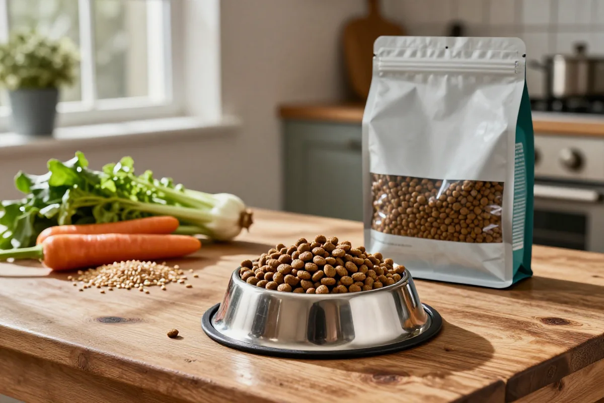 Hundefôr og ingredienser i et rustikt kjøkkenmiljø.