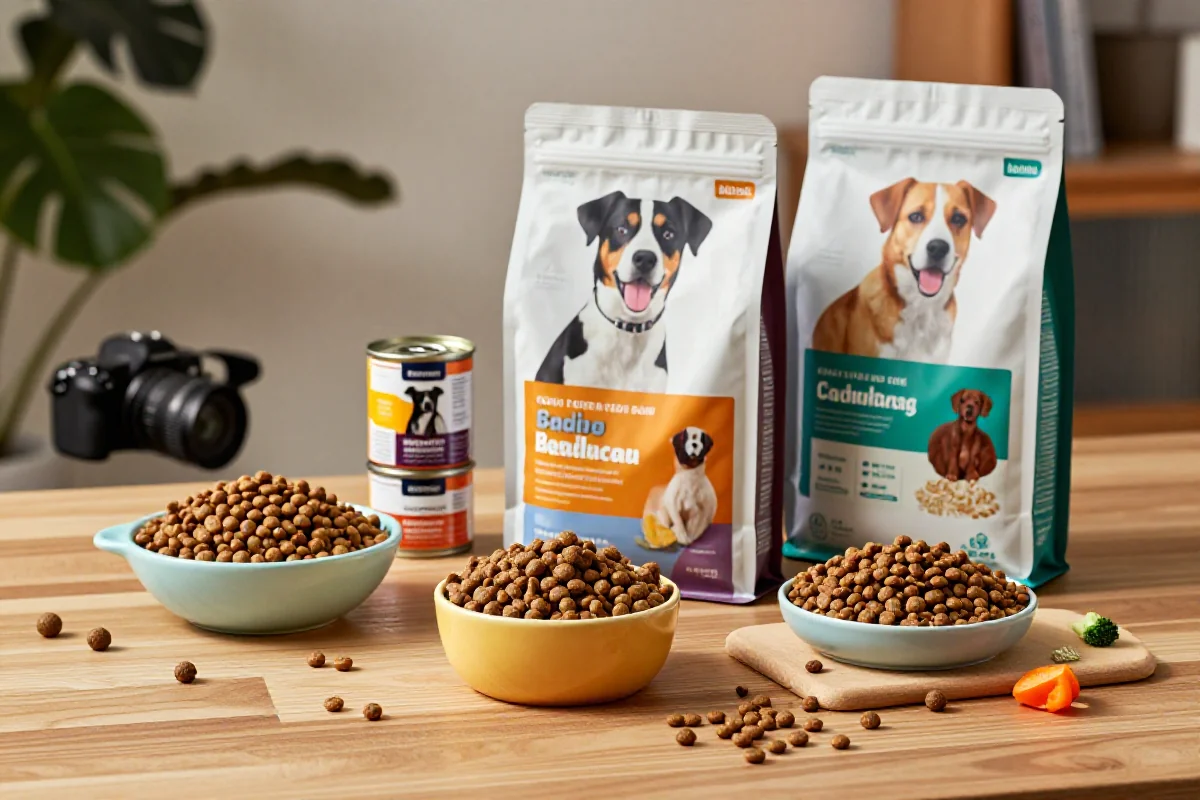 Ulike hundematprodukter og ingredienser for hunder med ørebetennelse.