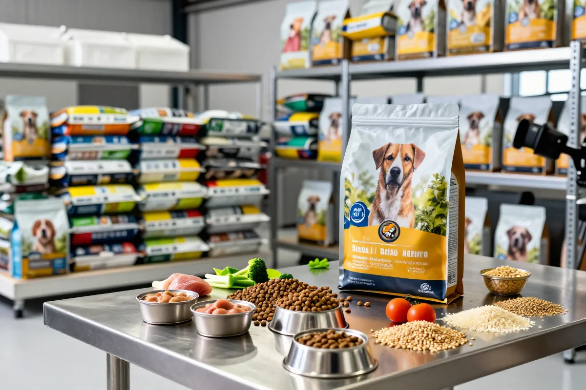 Bilder av hundematproduksjon med kibble, våtfôr og naturlige ingredienser.