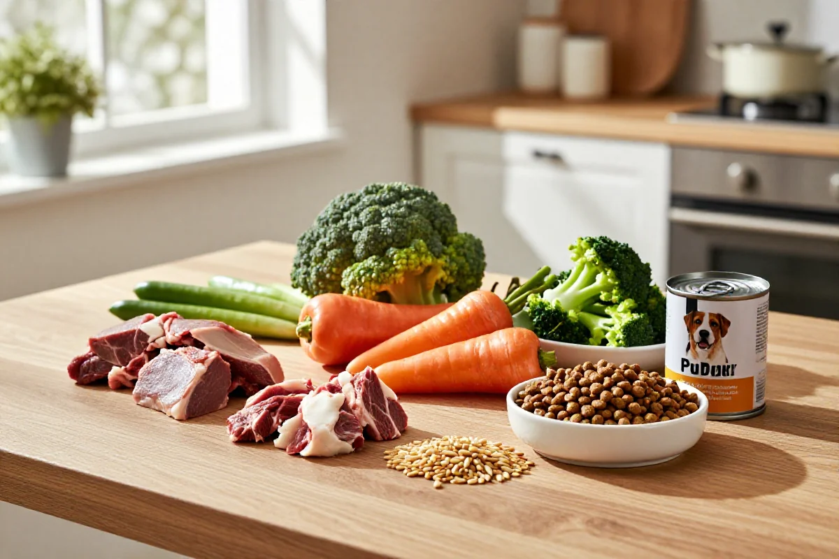 Høy kvalitet ingredienser for hundemat med ferskt kjøtt og kibble.