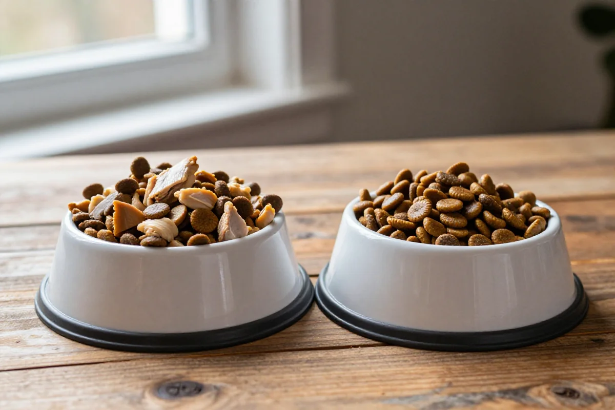 To hundematboller med kylling- og lam-kibble på et bord