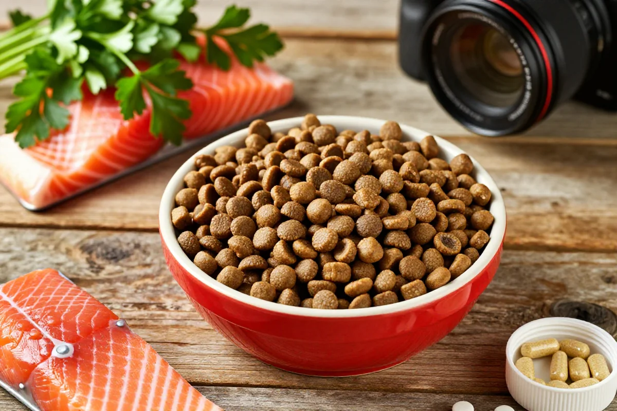 Bolle med tørr hundemat med laks og ferske ingredienser på trebord.