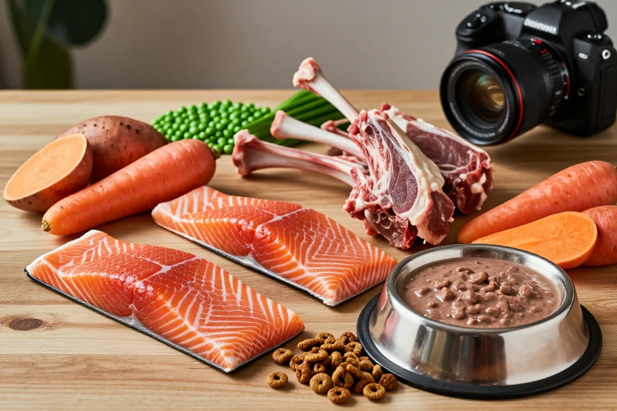 Laks og lam som proteinkilder i hundemat med naturlige ingredienser.