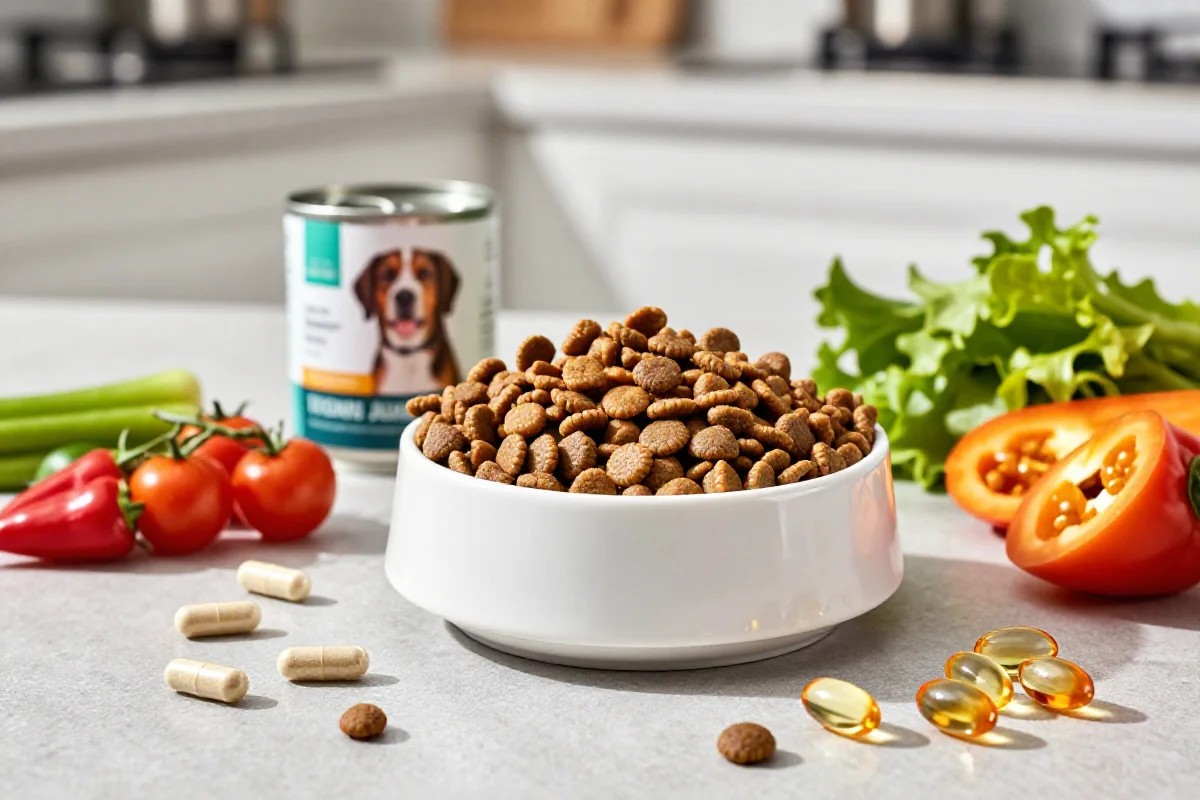 Hundemat for leddhelse med kibble, våtmat og ernæringskapsler.
