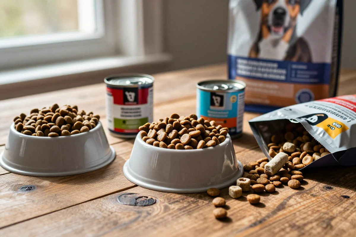 Fôr til hund med ingredienser på et trebord