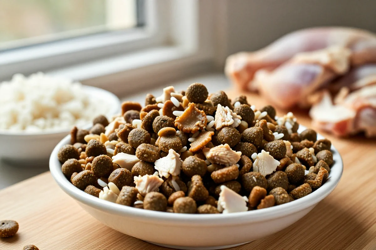 Skål med lett fordøyelig hundemat og ferske ingredienser for hunden.