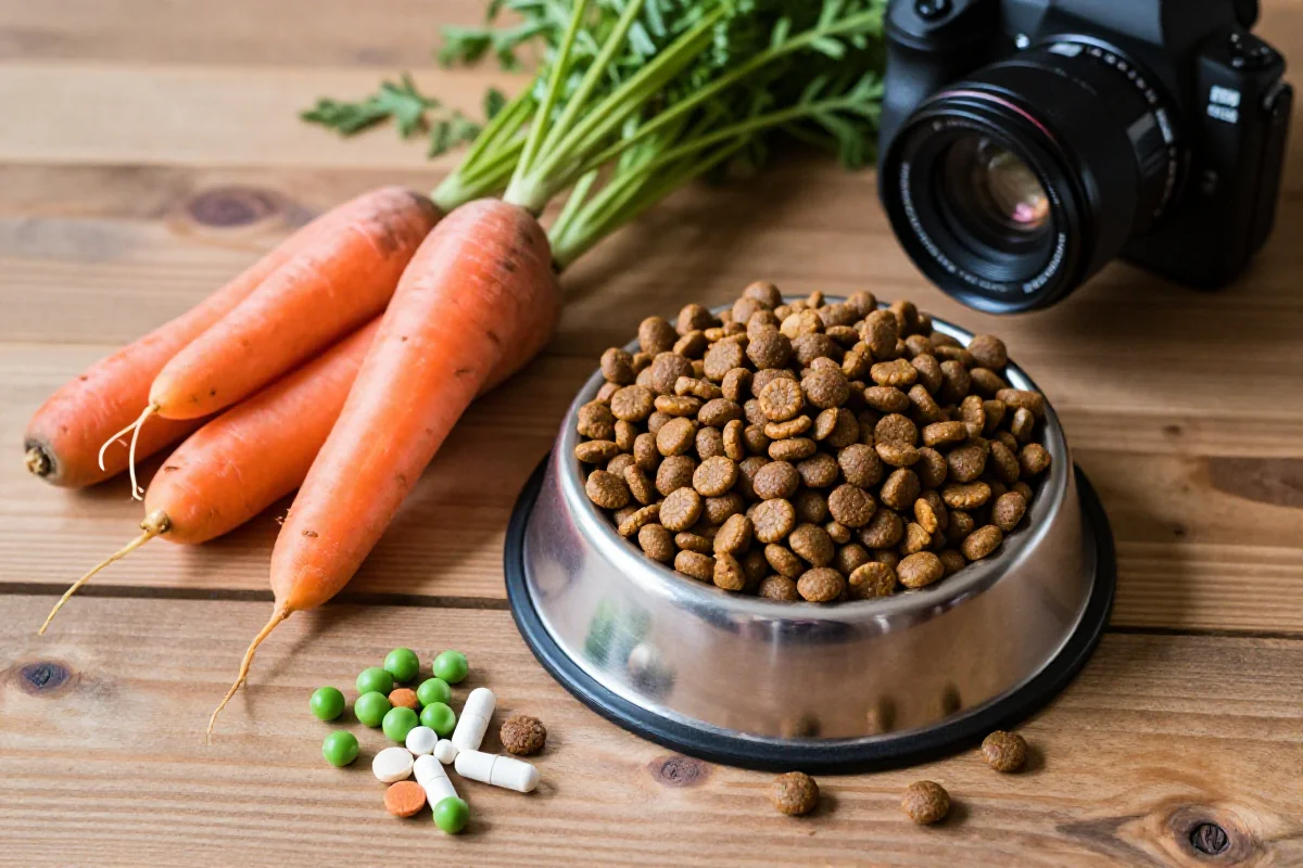 Hundemat for leverhelse med kibble og friske ingredienser på bordet.