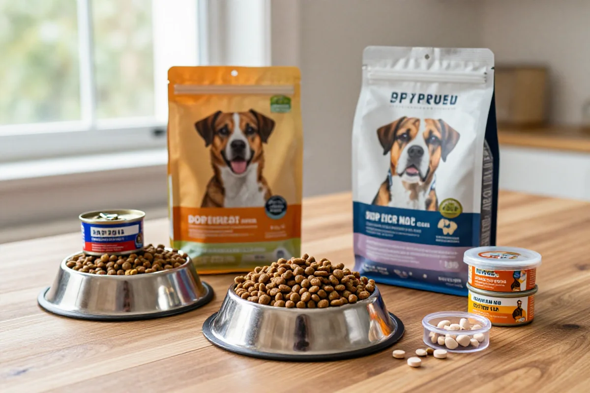 Varierte hundematprodukter på bordet med hundefôr og tilskudd.