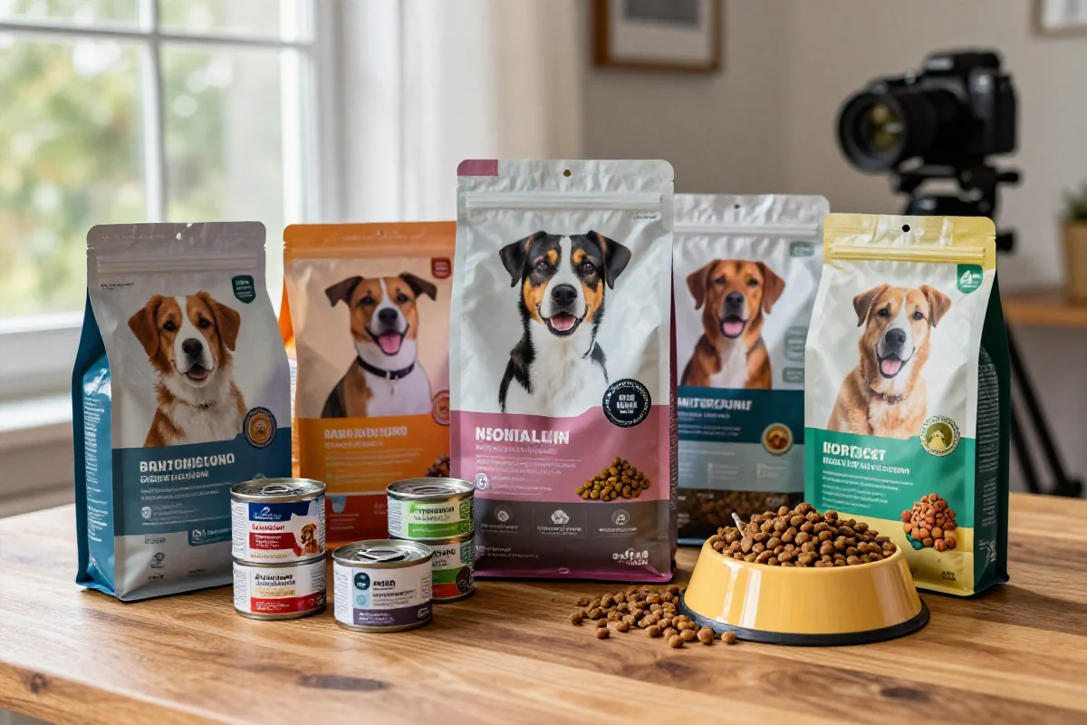 Variasjon av hundematprodukter, inkludert tørrfôr og våtfôr.